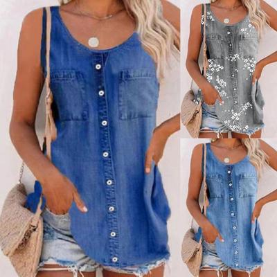 Round Neck Women Vest Solid Color Denim Sleeveless Pockets Thin Denim Blouse Streetwear