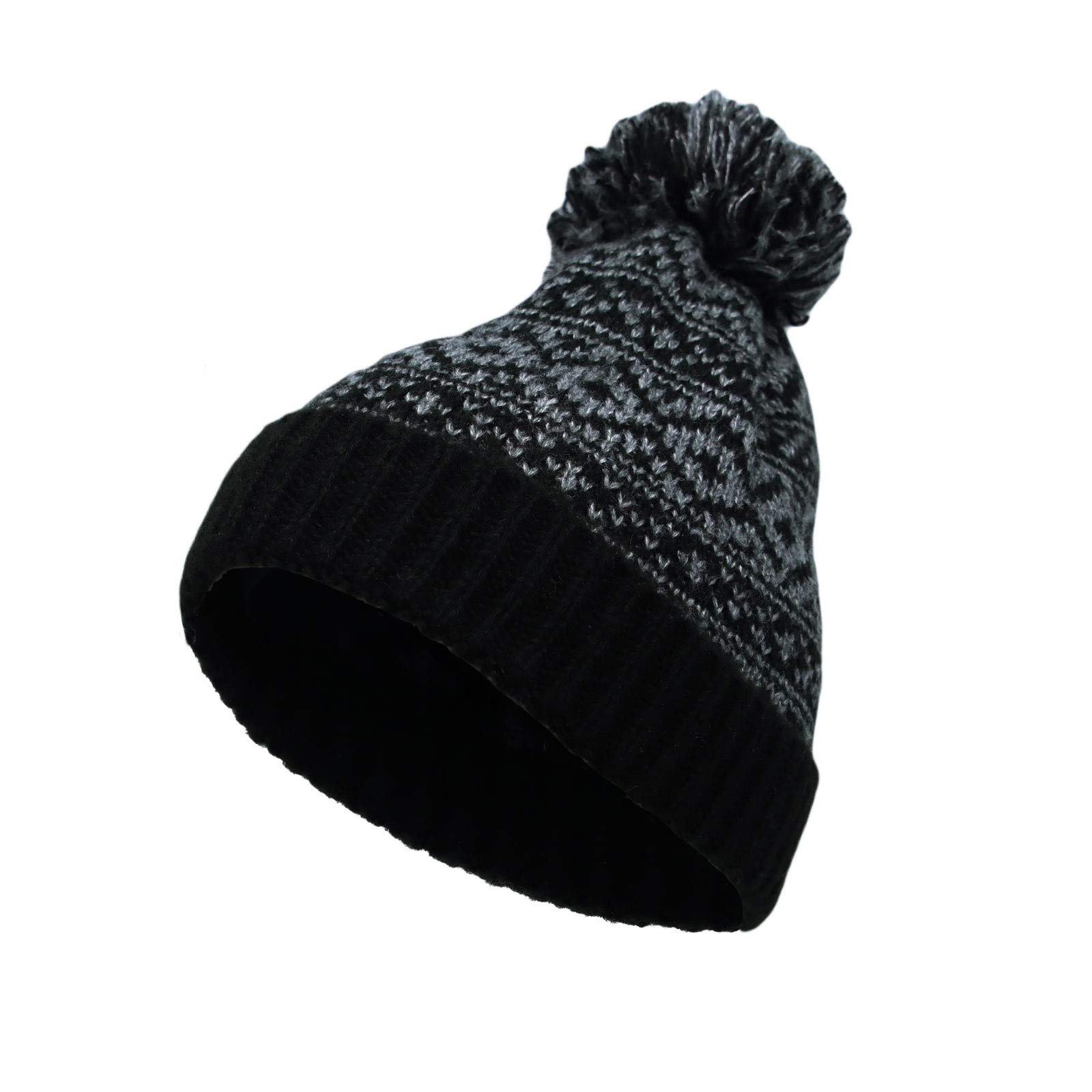 [Withmoons] Fair Isle Pattern Knit Hat with Pom-Pom - Men s & Women s YZP0076 (Black)