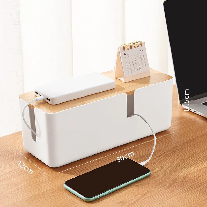 Cable Management Box Bamboo Cover Wire Junction Board Storage Box Hide Wires Power Strips Desk Computer Cable Organizer Box