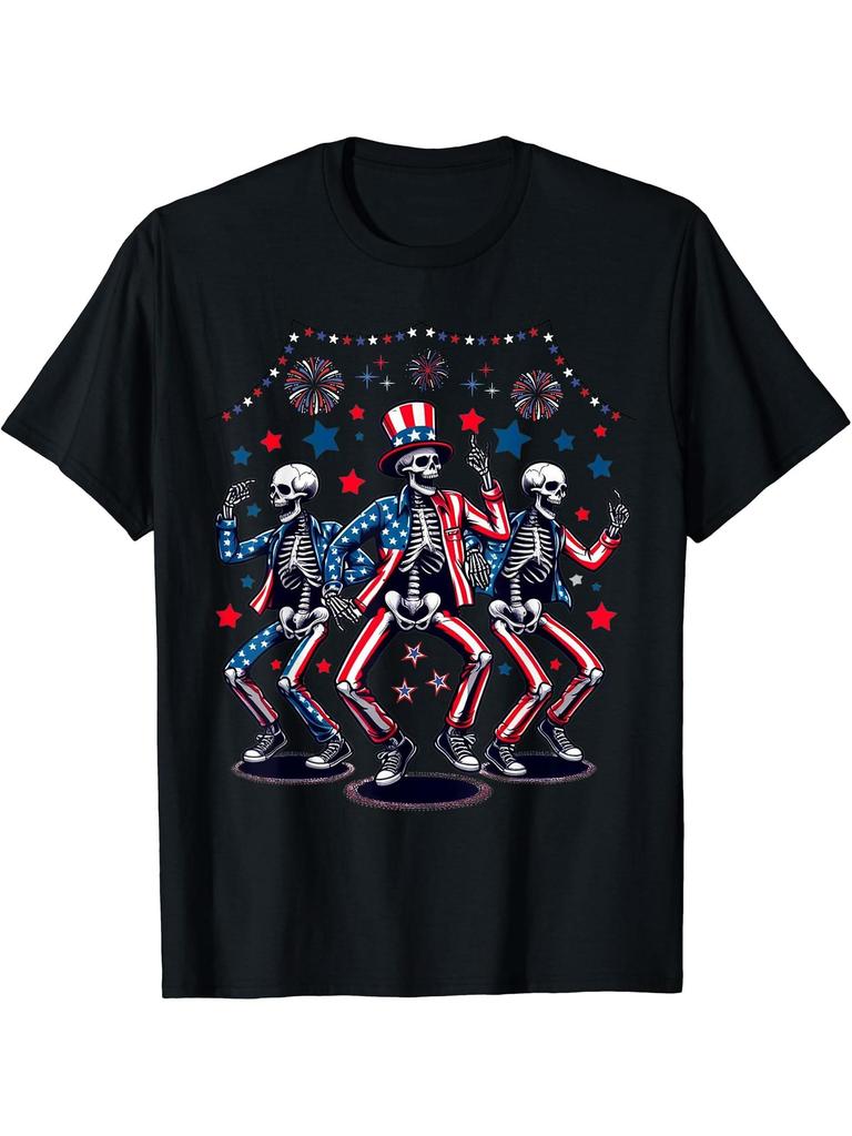 Patriotic 4th of JulyDancing Skeletons with American Flags Stars Design100 cotton Oneck short mens Tshirt