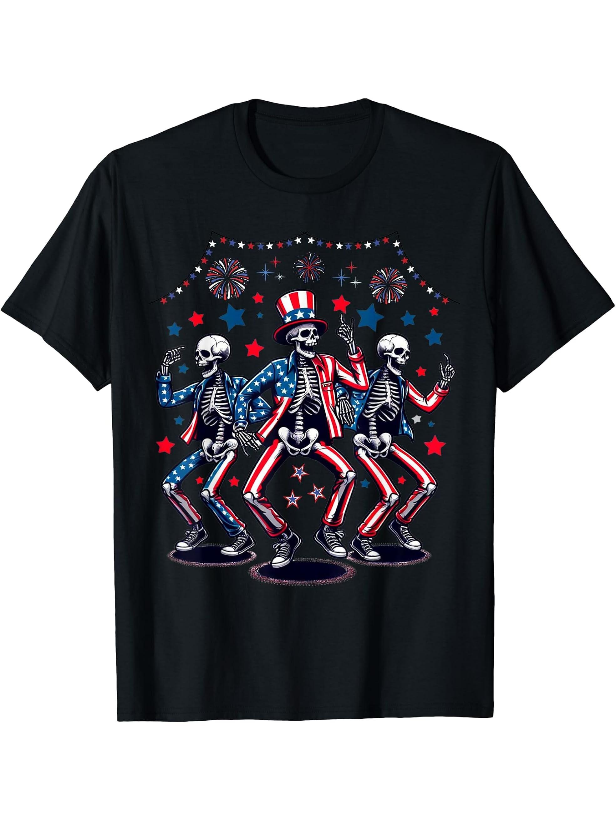 

Patriotic 4th of JulyDancing Skeletons with American Flags Stars Design100 cotton Oneck short mens Tshirt S