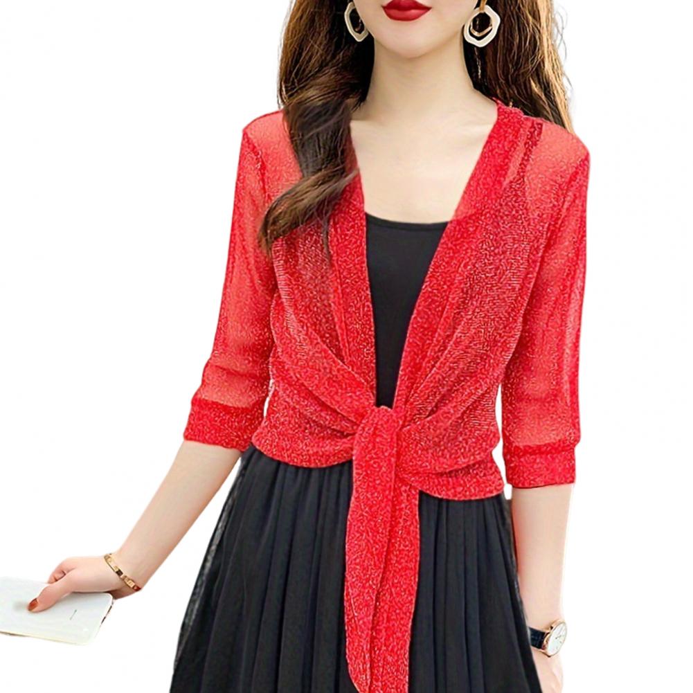 Women Shawl Coat V-neck 3/4 Sleeve Lace-up Thin Coat Solid Color Strappy Design Regular Fit Top Cocktail Party Wear