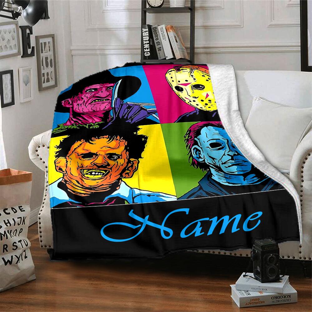 Custom Name Halloween horror Theme Printed Blanket - Perfect for Couch, Bed, Travel & Outdoor Use | Machine Washable, Cozy & Durable.