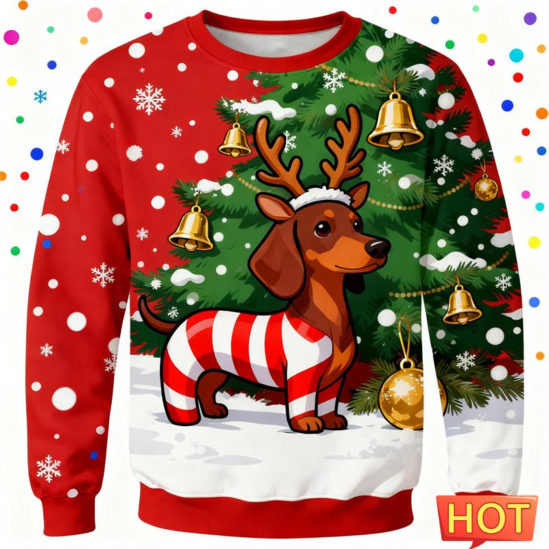2026 New Dachshund Graphic Ugly Christmas Sweater Fashion Cute Dog 3D Printed Xmas Sweatshirts Loose Breathable Unisex Pullovers