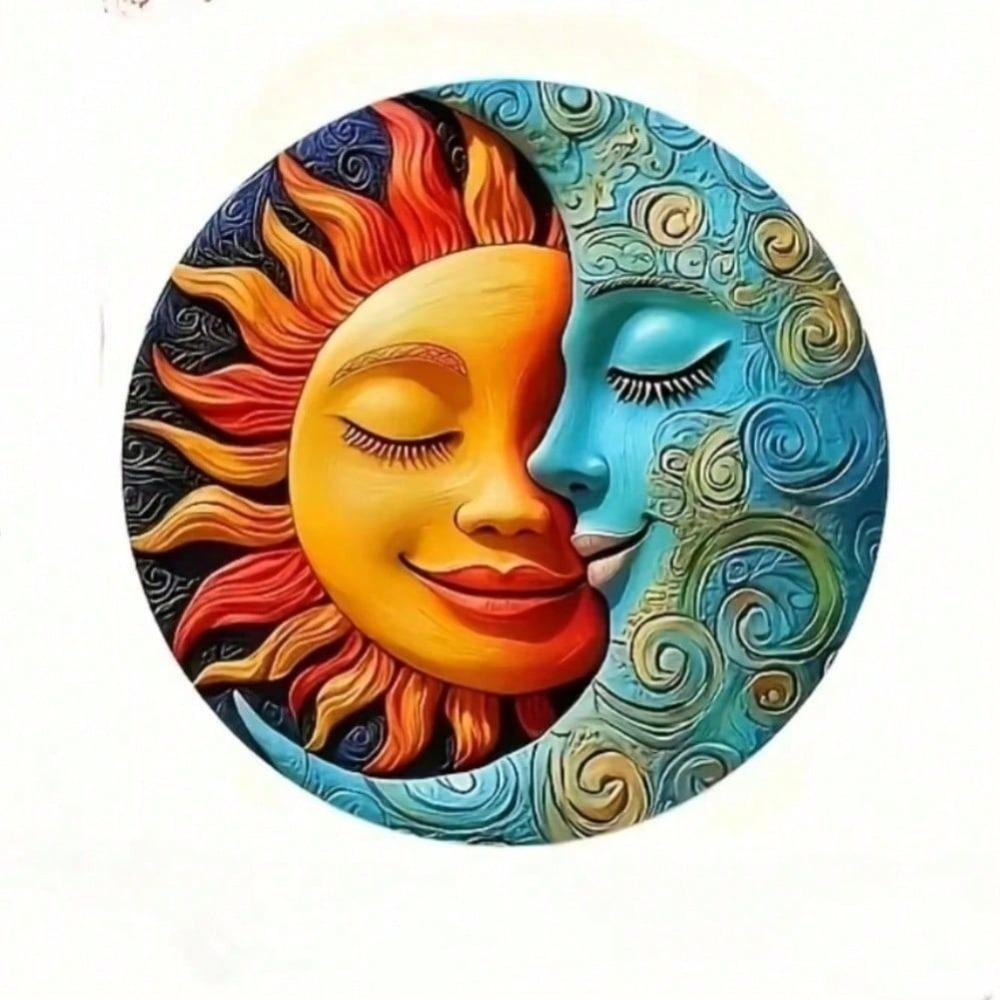 Vintage Metal Tin Sign Sun Moon Wall Art, Circular Face Plaque Creative Home Decor