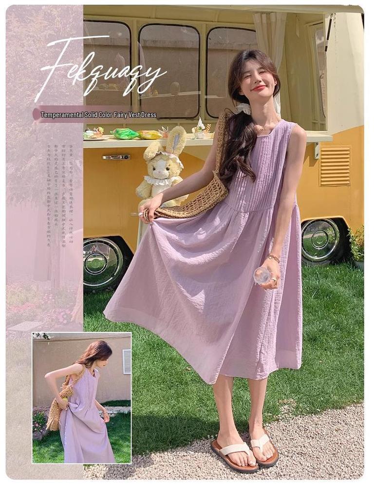 Damen Sommer 2025 Koreanischer Stil Lila Ärmellos Hohe Taille Urlaubs-Kleid