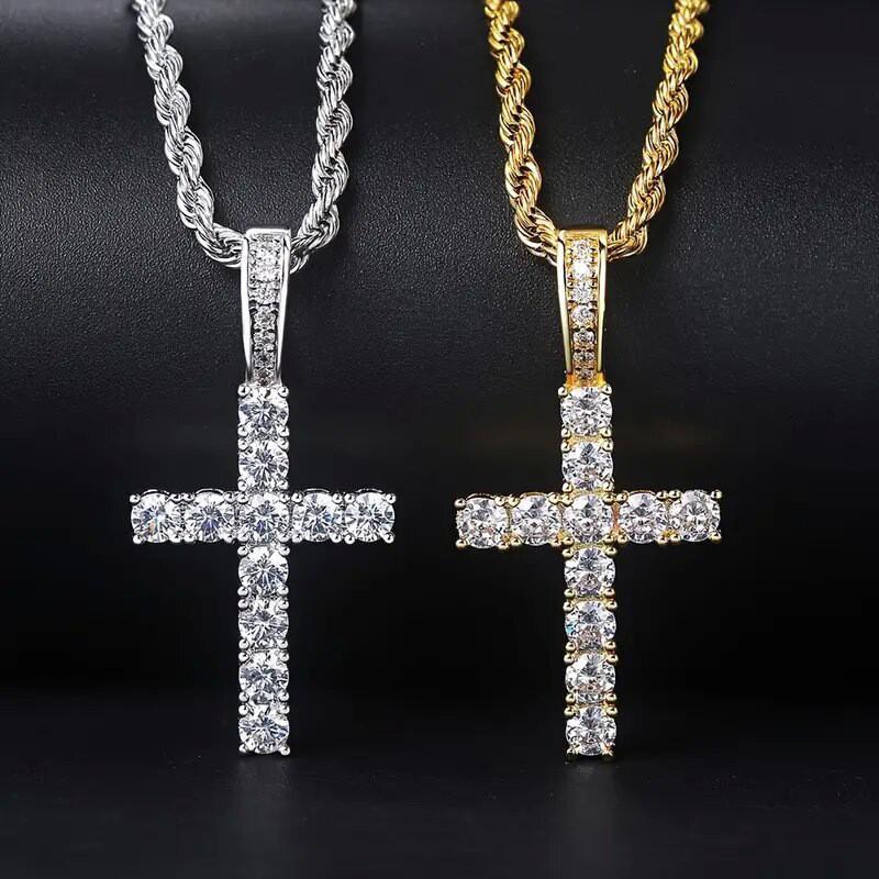 Unisex Hip Hop Copper Pendant with Inlaid Zirconia Cross Necklace