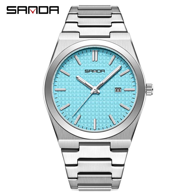 OFNS Fashion Luminous Waterproof Quartz Wristwatch with 3D Studs, Steel Band, and Calendar Feature.