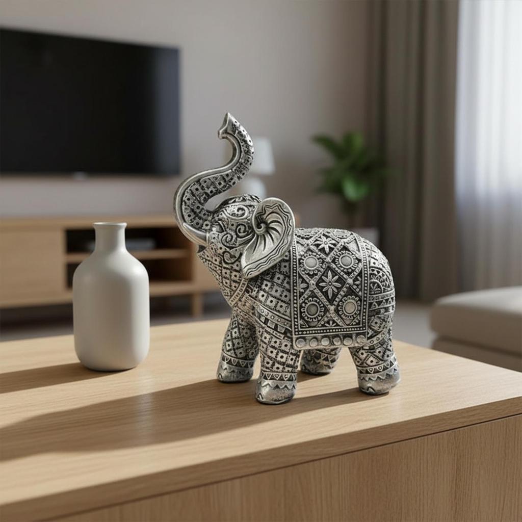 Elephant Figurine Textured Statue Auspicious for Bookshelf, Office Desk