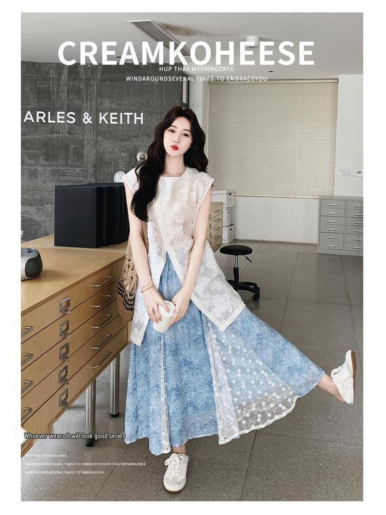 Elegant Lace Splicing Sleeveless Top and Skirt Set for Women - Summer 2026 Collection