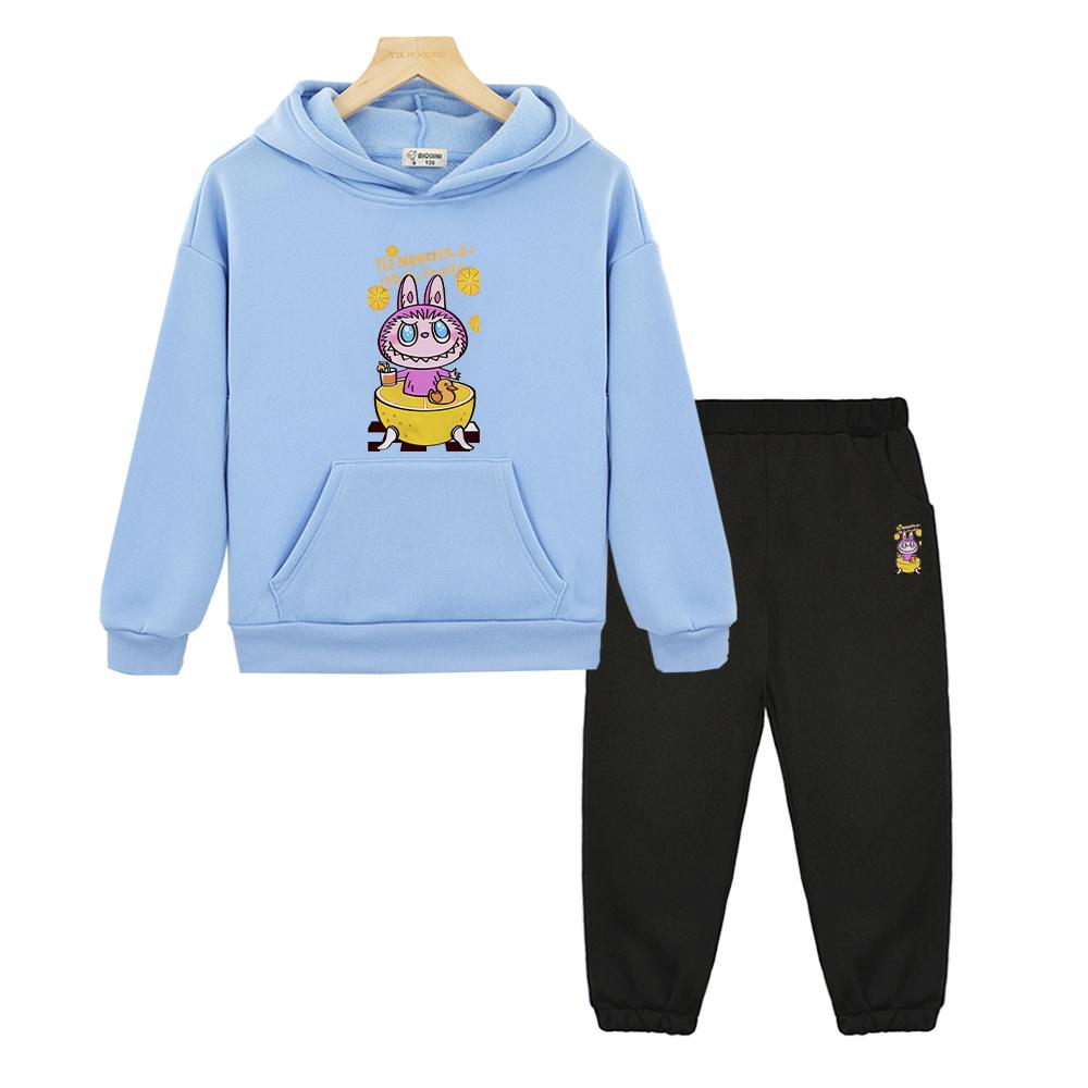 Chlapci dívky Sady s kapucí Kawaii labubu Anime mikina Fleecová mikina Kreslená bunda 2ks pulovr+kalhoty dětské butikové oblečení
