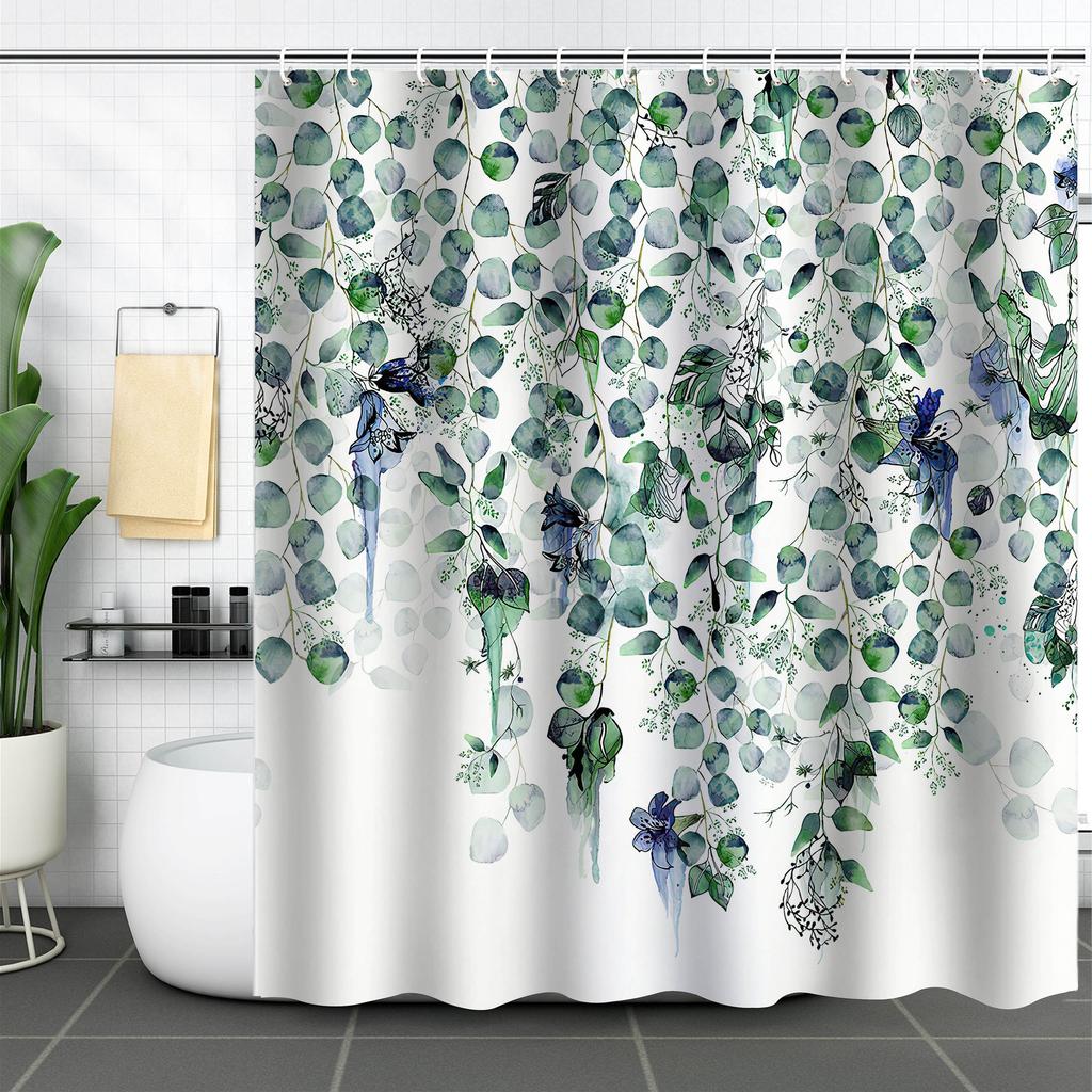 Green Plant Waterproof and Mildew-proof Polyester Bathroom Shower Curtain Shower Curtain Partition Curtain Free of Punching