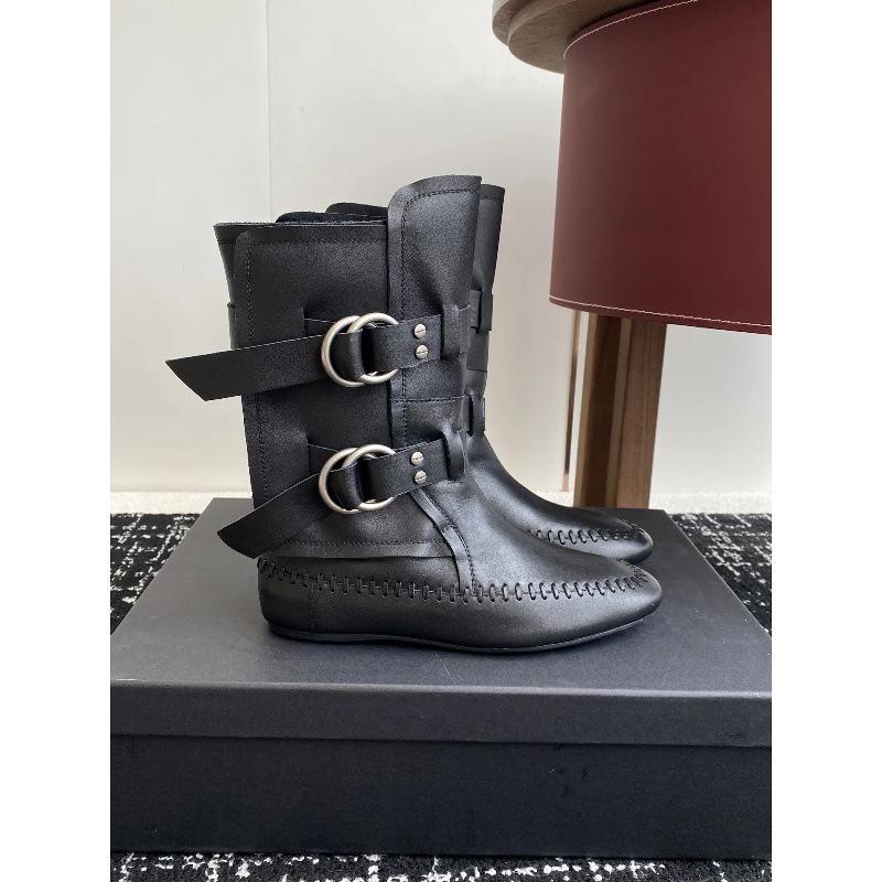 Cowhide version retro belt buckle white boxing boots women's leather thin inner heightening medium tube Martin boots western short boots