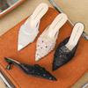 Fashion Comfort Mesh String Bead Design Brand Slippers Women Pointed Toe Kitten Heel Slide Sandals Elegant Fashion Wedding Bridal Shoes