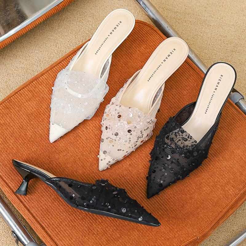 Fashion Comfort Mesh String Bead Design Brand Slippers Women Pointed Toe Kitten Heel Slide Sandals Elegant Fashion Wedding Bridal Shoes