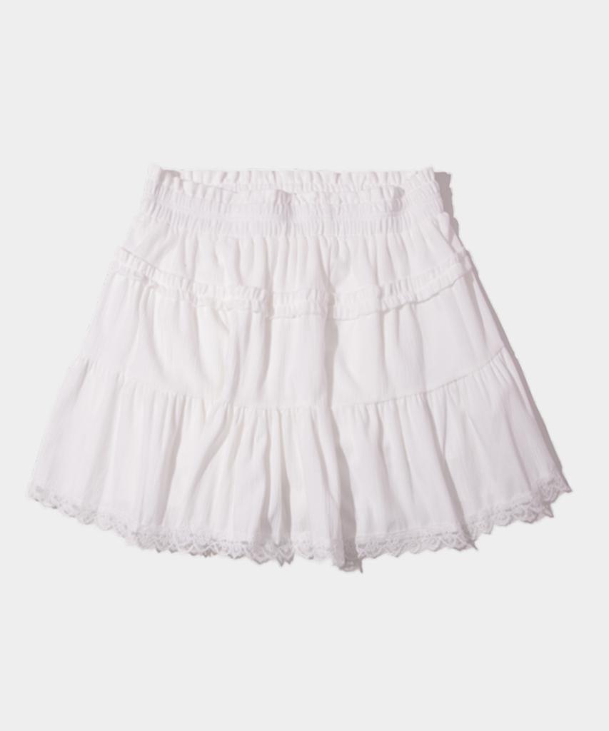 Place Studio Tiered Peach Stripe Frill Lace Elastic Waist Short Ruffle Skirt Pants [Black]