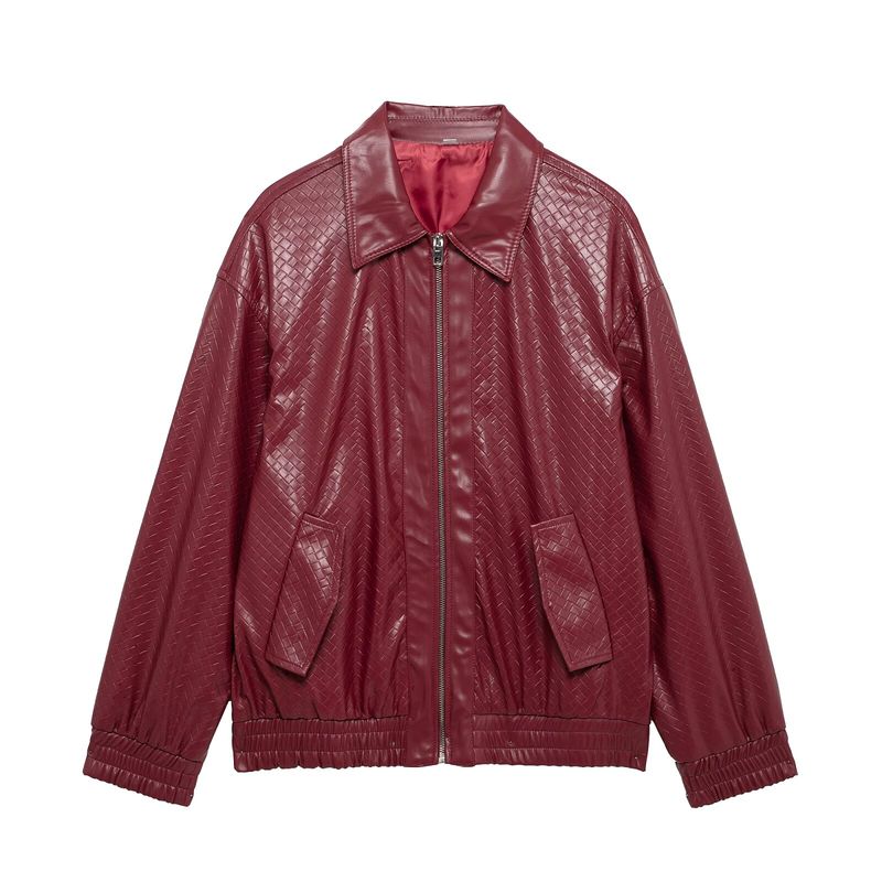 

Kaslead Новая женская одежда Западный стиль Простая куртка-бомбер из искусственной плетеной кожи Свободная верхняя одежда Red L