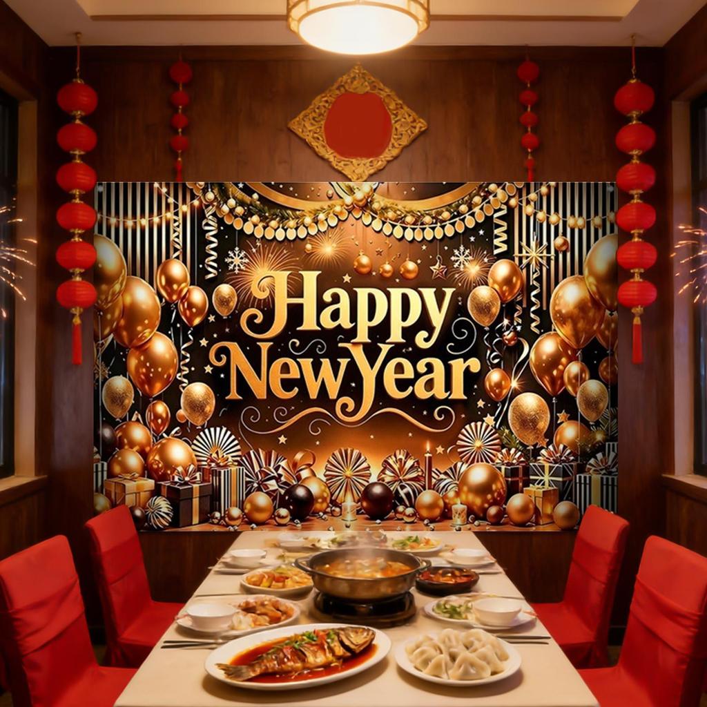 New Years Photo Backdrop 2D Print Golden Balloons Poster Backdrop 39x59in Happy New Year Sign 2026 for Graduation Prom Holiday
