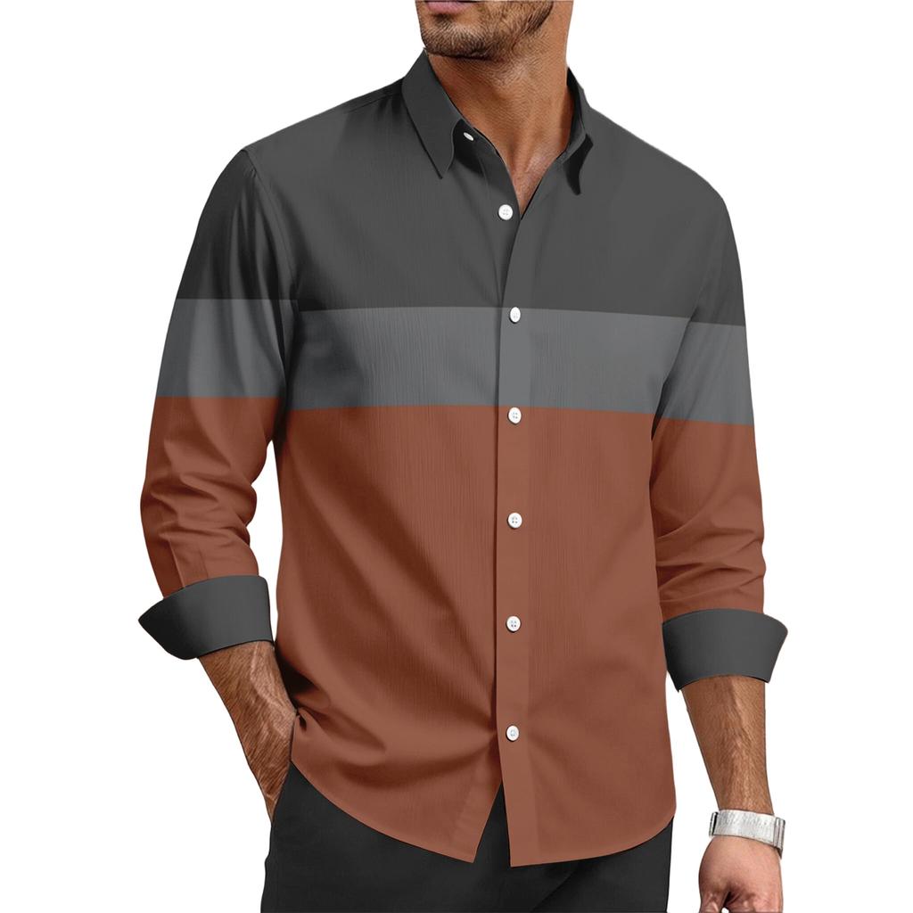 Men's Casual Stylish Striped Printed Shirt - Men's Lapel Buttoned Long-sleeved Shirt