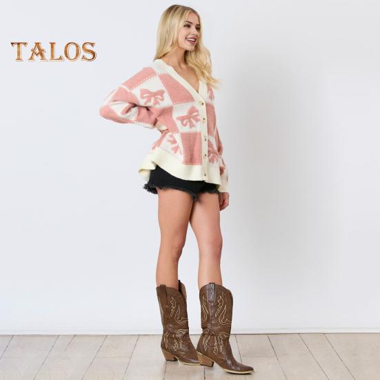 Women Autumn Winter Sweater V-Neck Long Sleeve Single Breasted Knitting Sweater Bowknot Plaid Print Sweater Coat