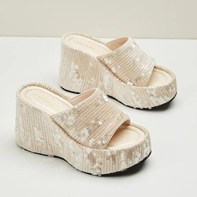 Wedge Heel Slippers Women's Summer Outer Sandals Fashion Sequin High Heeled Cool Slippers Women Designer Sandals 10 High