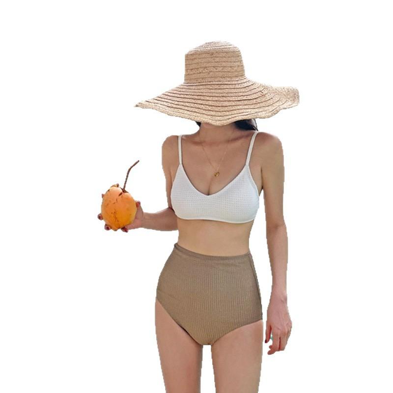 Source Contrast Color White Skinny High Waist Skinny Sling Gathering Conservative Muse Hot Spring Resort Split Swimsuit