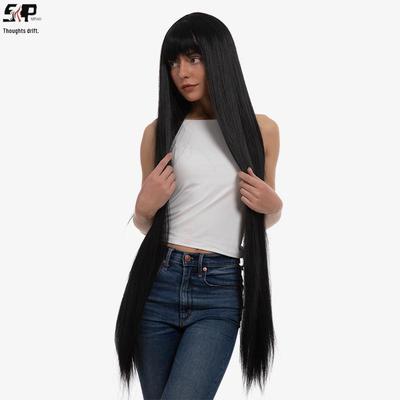 Perucă Neagră Lungă Dreaptă cu Breton Complet pentru Femei - Placă Naturală cu Plasă Roz