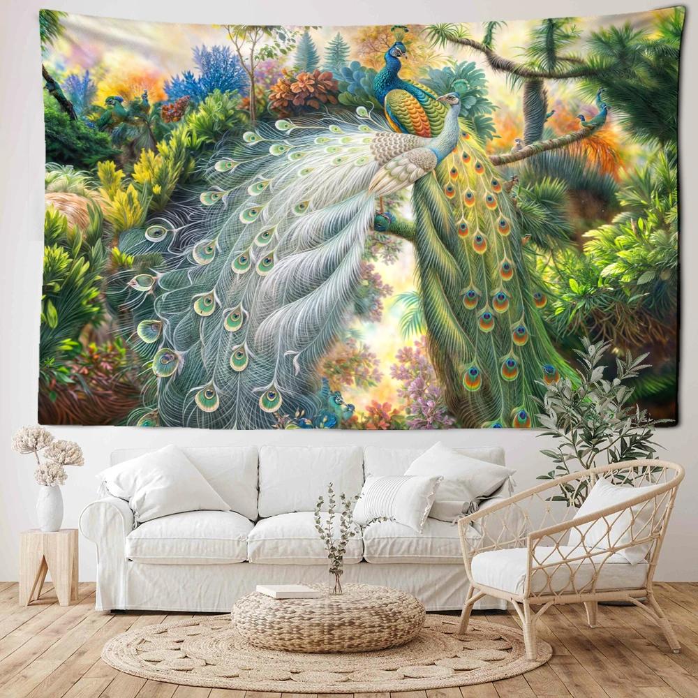 

White Peacock and Blue Peacock Tapestry Wall Hanging Natural Art Forest Landscape Art Bohemian Hippie Dormitory Home Decor 74x94cm(29x37in)