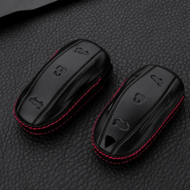 Car-Styling Real Leather Anti-Drop Key Case For Tesla Model X Protected Holder Automobile Remote Covers Shell Auto Accessories