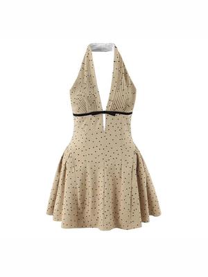 French Polka Dot V-Neck Halter Dress – Women's Trendy Vacation Slip Skirt
