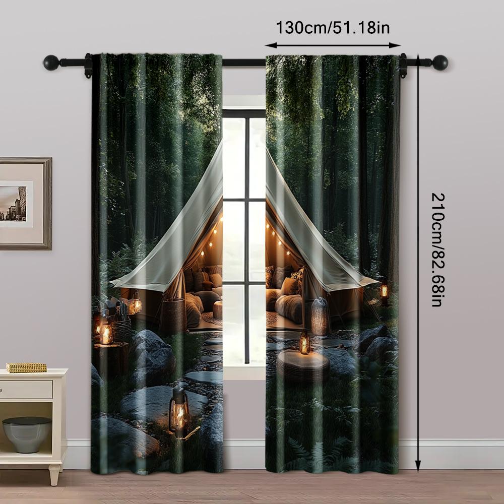 2pc,  Party Curtain Forest Scene Camping Machine Washable Fabric,Without Electricity Festive Backdrops Use for College Dormitory