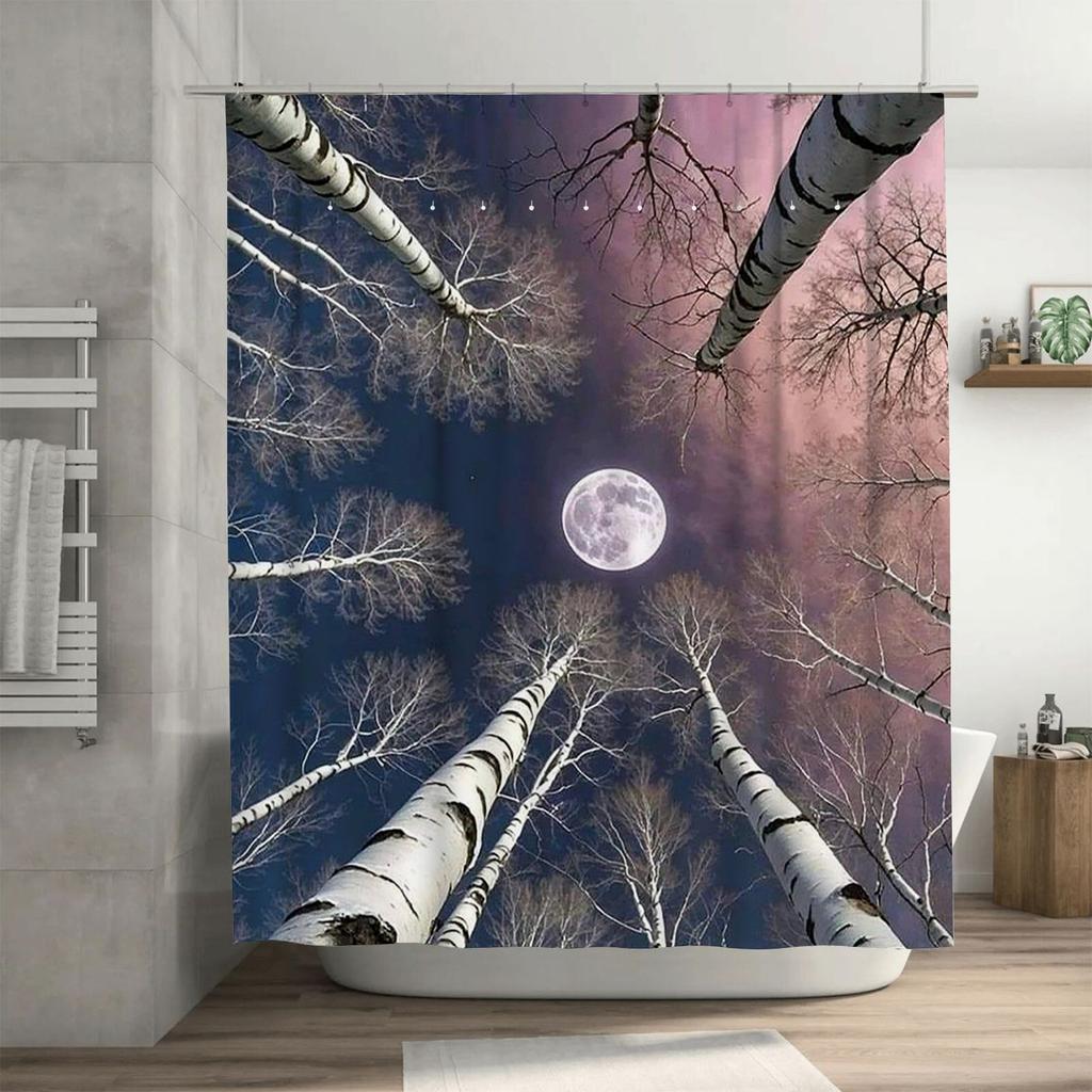 Moonlit Birch Trees Waterproof Shower Curtain Heat Resistant Machine Washable Non-Transparent 180x180cm