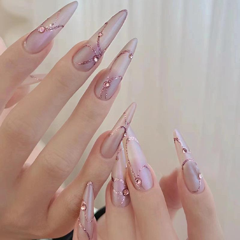 

Pink Matte Rhinestone Almond Press-On Fake Nails with Irregular Wavy Lines