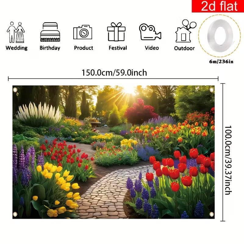 2D Colorful Flower Garden Backdrop Photography Background Banner