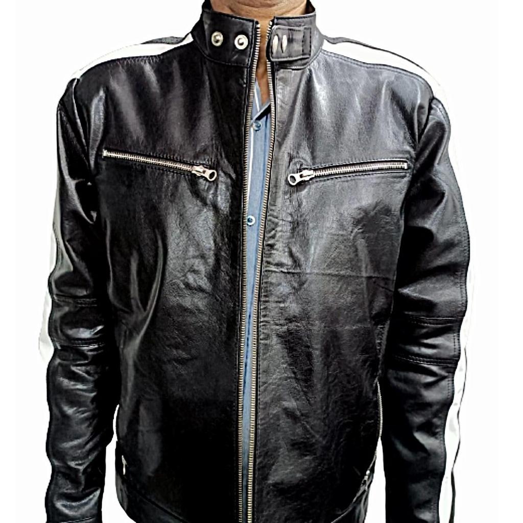 Men's Biker Jacket,Motorcycle Jacket, Bomber Style Jacket, Zipper Jacket, Black & White Leather Jacket, Moto Style Slim Fit Jacket, Gift For Men