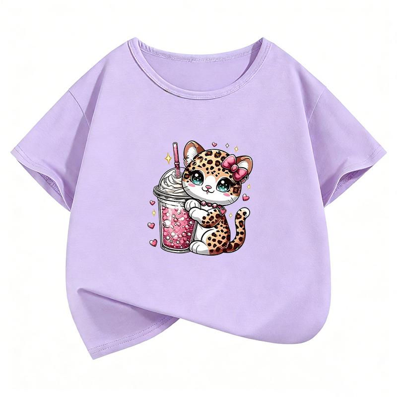Leopardenmuster Katze T-Shirts Kurzarm Katze Lustig Manga Kinder Kinder T-Shirt Jungen Mädchen Lässiges Oberteil T-Shirt Sommer Frühling