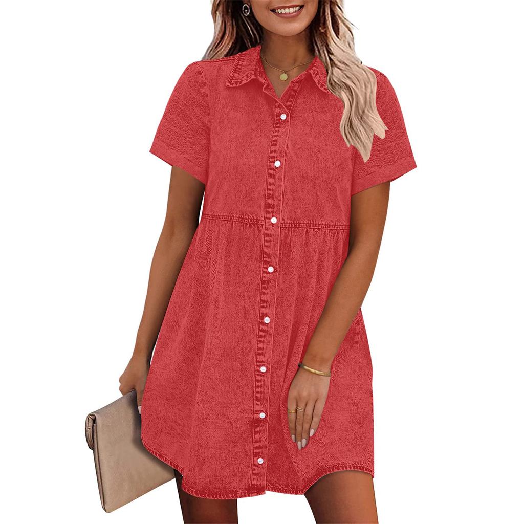 Women's Short-sleeved Button-down Shirt Denim Dress