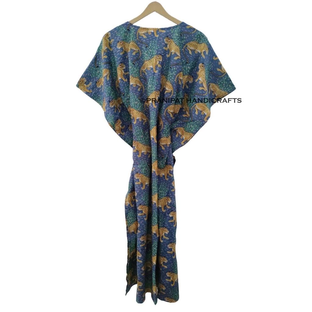 Blaues Bagheera-Kaftan-Kleid mit Tiger-Print für Damen, Hippie-Baumwolle, Maxi-Strandüberzug, CKFTN-SCRN-FULL-BUYIT-150