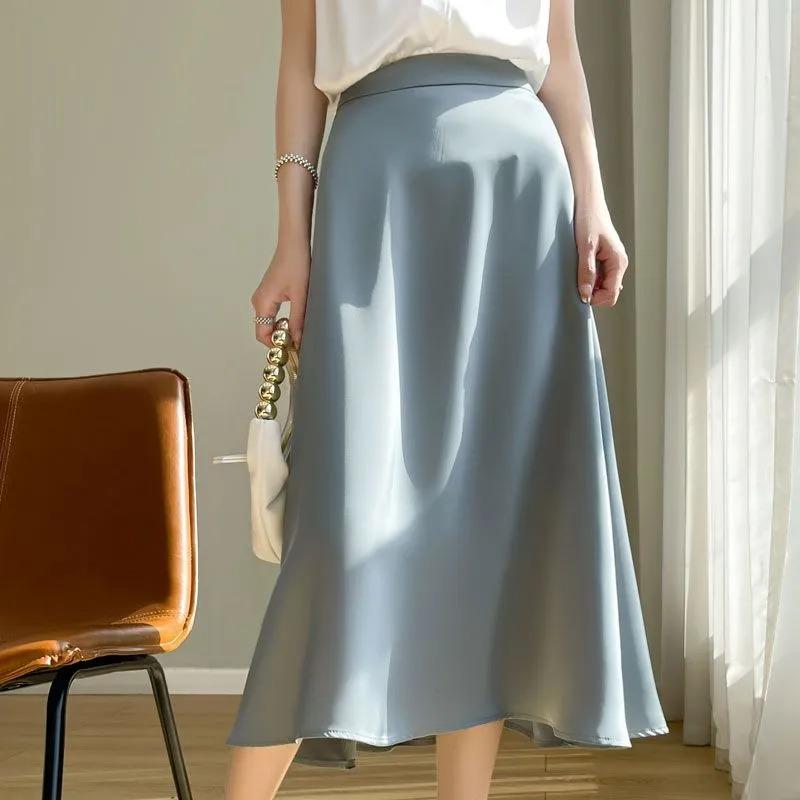 Women's Satin Midi Skirt Elegant High Waist A-line Flowy Silky Smooth Solid Color Casual Skirt