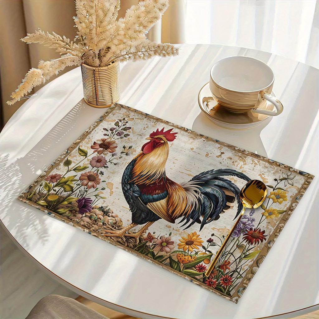 4/6Farmhouse Rooster Placemats Rustic Chicken Imitation Placemat Farm Heat Resistant Dining Place Mats Country Vintage Florals Table Mat