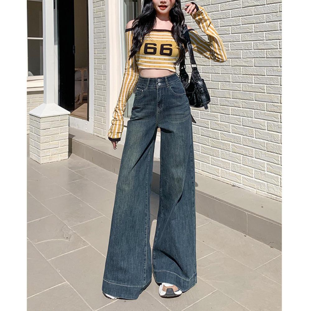 2380 Niche Fashion Double-button Mopping Jeans Women's Spring and Autumn Design Sense High Waist Wide Legs Casual Jeans