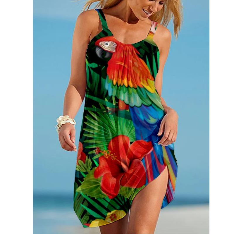Sunflower Parrot Print Strap Mini Beach Dress Women Boho Summer Sexy Floral Dress Sleeveless Party Evening Dresses
