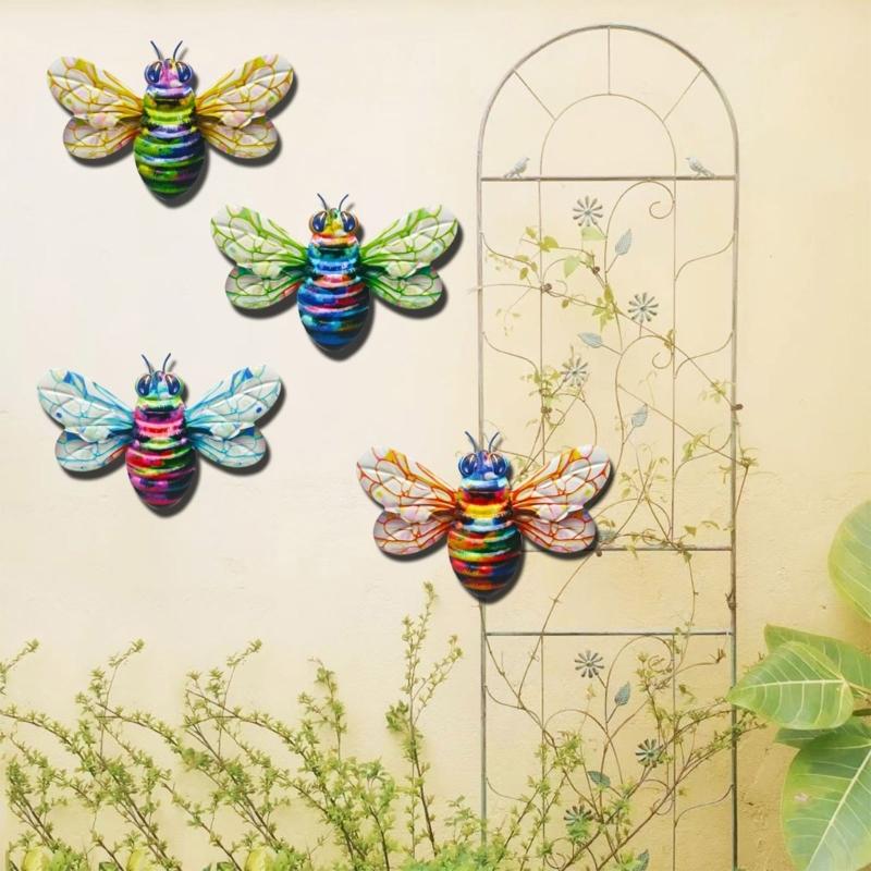 KX4B Eye Catching Metal Bees Ornament Colorful 3D Bees for Garden Yard Decoration (Set of 4)