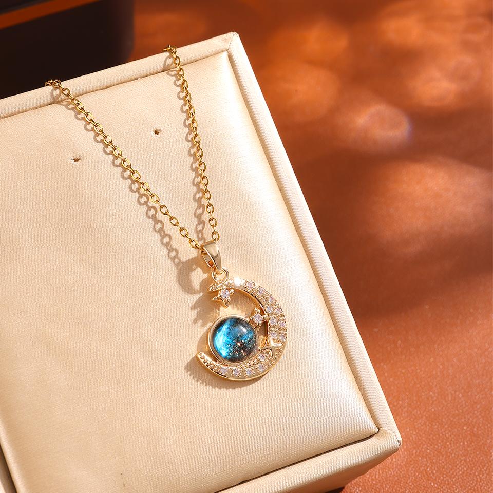 

ZAKOL Classic Planet Universe Moon CZ Pendant Necklace Sliver Gold Color Titanium Steel Chain Choker Fashion Zircon Gift