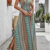 Strap Print Dress Women A line Sleeveless Waist Deep V Spring Summer S-XL