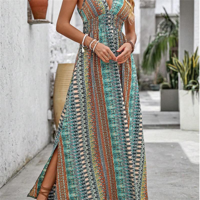 

Strap Print Dress Women A line Sleeveless Waist Deep V Spring Summer S-XL XL зелений