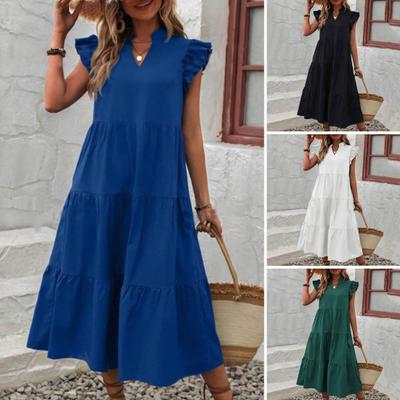 Women Summer Dress V Neck Pure Color A-line Patchwork Big Hem Flying Sleeves Ruffle Pleated Dating Party Vacation Beach Midi Dress