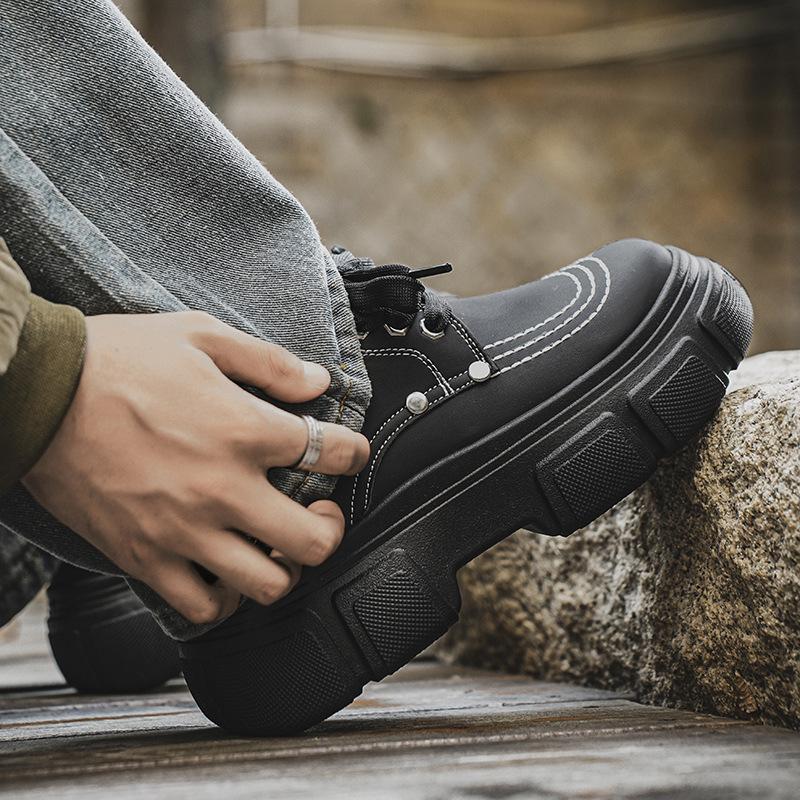 Derby Shoes Men's Autumn British Style Casual Leather Shoes Men's High Sense Sports Thick Sole Heightening Black Big Head Trendy Shoes