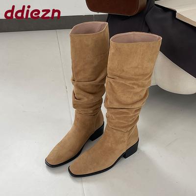 Fashion Big Size 43 Female Slip On Ladies Modern Knee High Boots Shoes Fashion Flock Women Long Boots With Square Heels Shoes