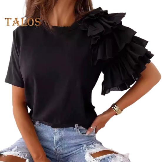

Женская летняя футболка, асимметричная многослойная футболка с короткими рукавами и оборками, однотонные футболки с круглым вырезом, уличная одежда L чёрный